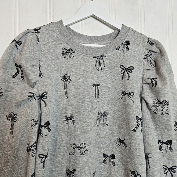 Anthropologie Casual Chic Gray Bow-Print Puff-Sleeve Sweatshirt - Picture 4 of 16
